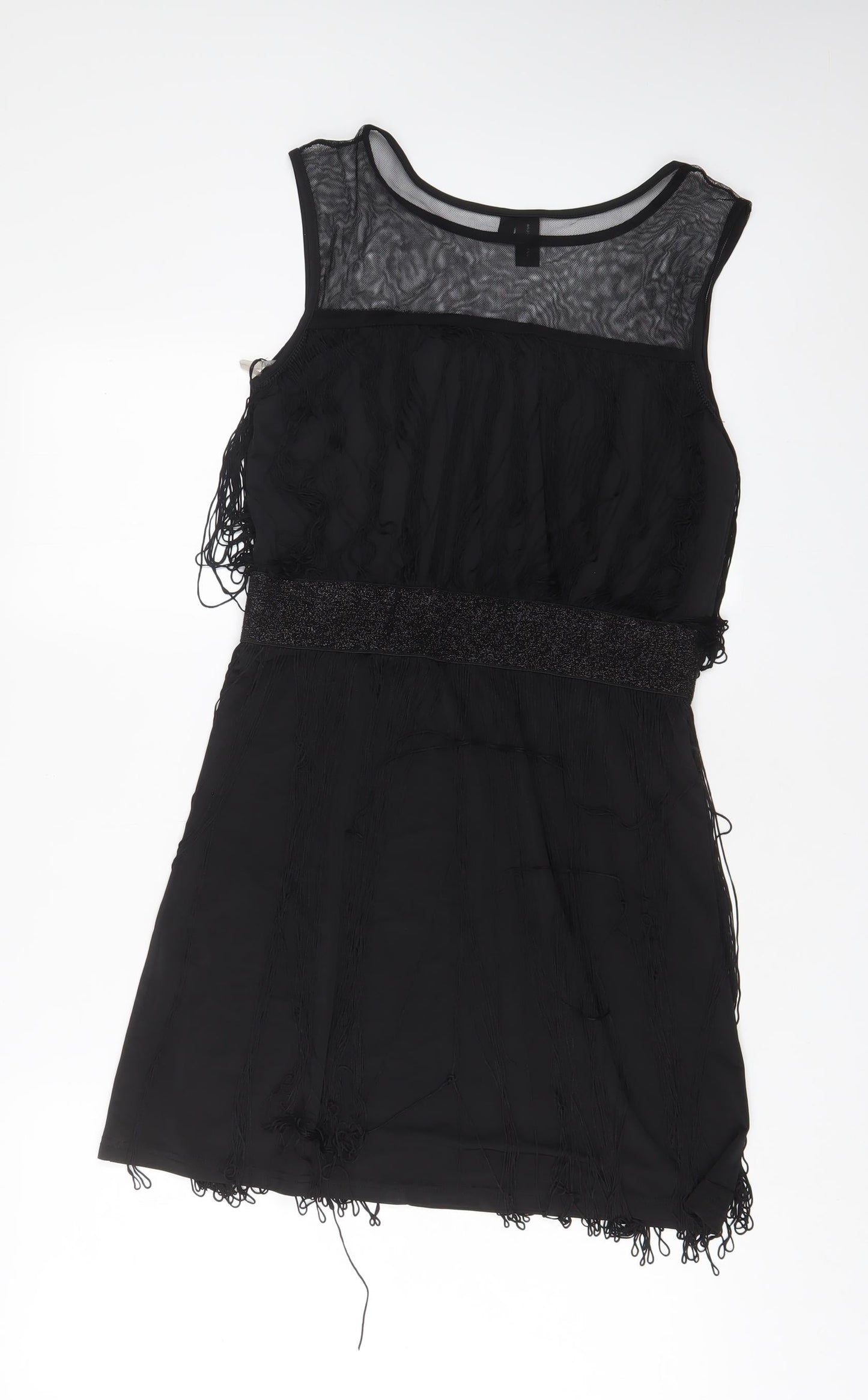 Izabel London Womens Black Polyester A-Line Size 10 Boat Neck Pullover - Tassled