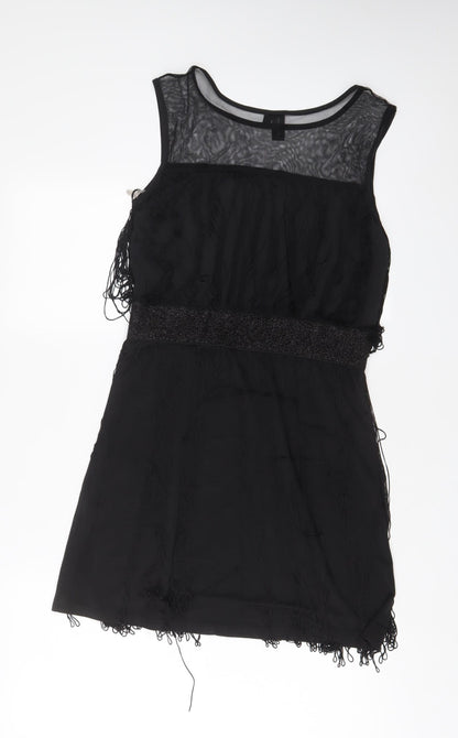 Izabel London Womens Black Polyester A-Line Size 10 Boat Neck Pullover - Tassled