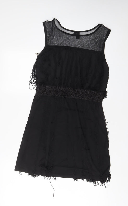 Izabel London Womens Black Polyester A-Line Size 10 Boat Neck Pullover - Tassled