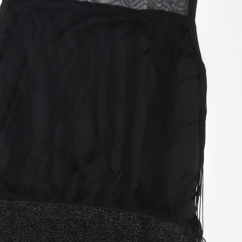 Izabel London Womens Black Polyester A-Line Size 10 Boat Neck Pullover - Tassled