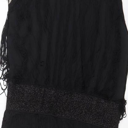 Izabel London Womens Black Polyester A-Line Size 10 Boat Neck Pullover - Tassled