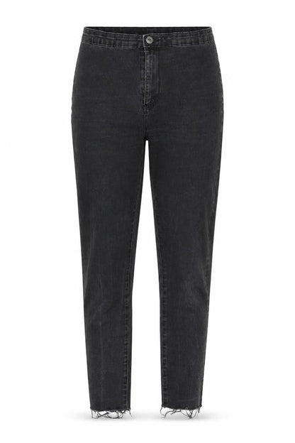 Front view of Denim & Co. women’s grey cotton blend tapered jeans, size UK 12, 27-inch leg regular zip - raw hem
