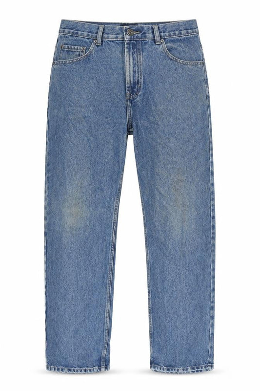 Front view of Denim & Co. men’s blue herringbone cotton straight jeans, size 34, in, 30-inch leg regular zip