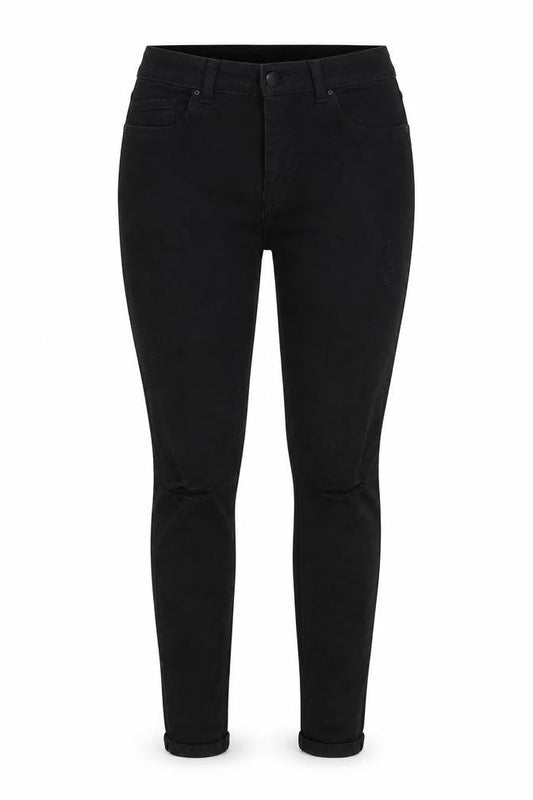 Front view of Denim & Co. women’s black cotton blend tapered jeans, size UK 10, 29-inch leg regular zip