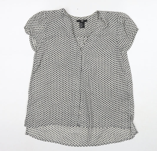 H&M Womens White Geometric Polyester Basic Button-Up Size 4 V-Neck