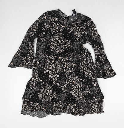 New Look Womens Black Geometric Viscose A-Line Size 8 Round Neck Button