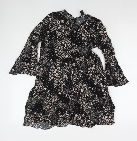 New Look Womens Black Geometric Viscose A-Line Size 8 Round Neck Button