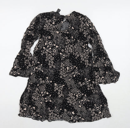 New Look Womens Black Geometric Viscose A-Line Size 8 Round Neck Button