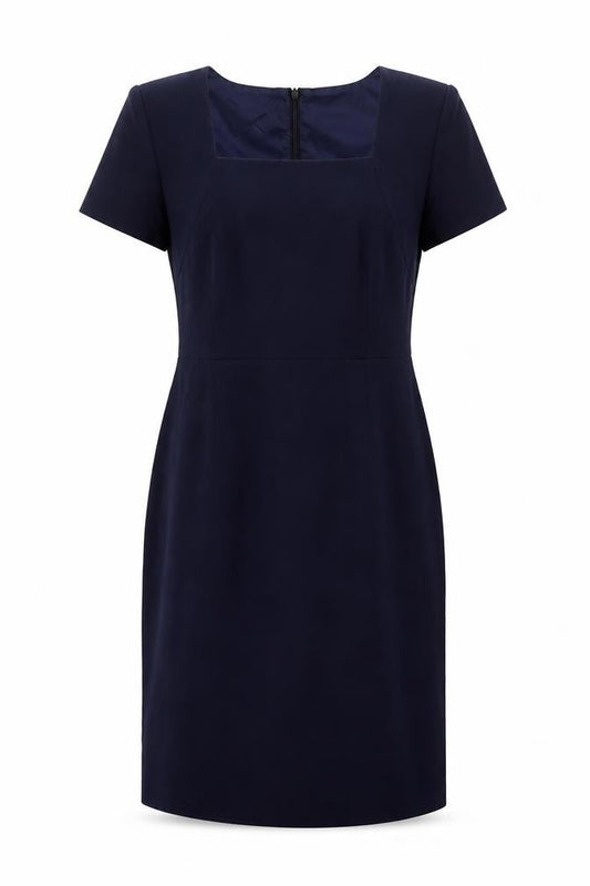 Front view of Kaleidoscope women’s blue polyester a-line, size UK 14, square neck zip