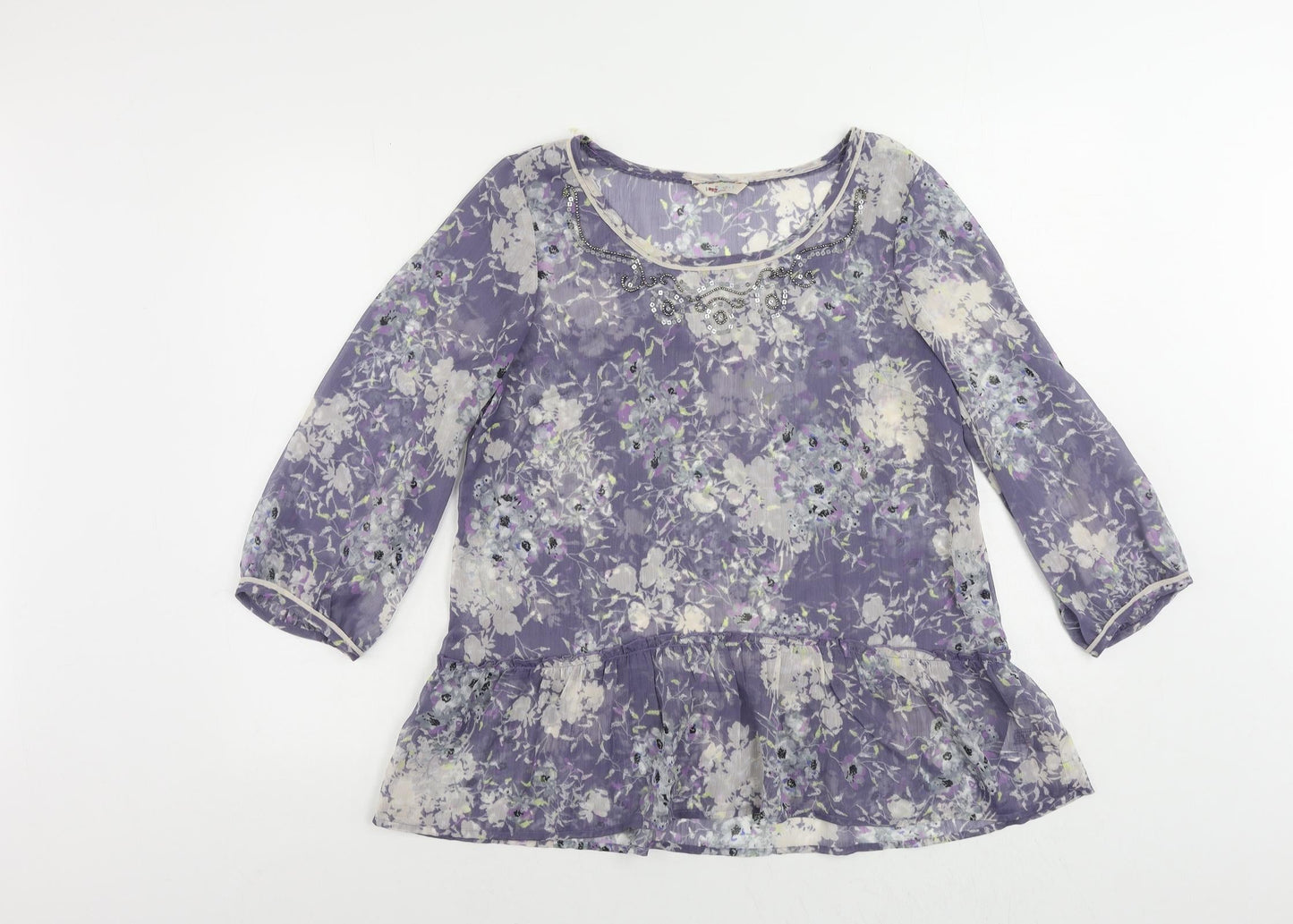 Indigo Womens Blue Floral Polyester Basic Blouse Size 14 Boat Neck - Sheer