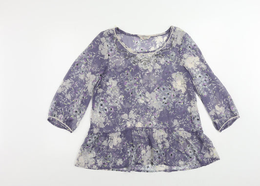 Indigo Womens Blue Floral Polyester Basic Blouse Size 14 Boat Neck - Sheer