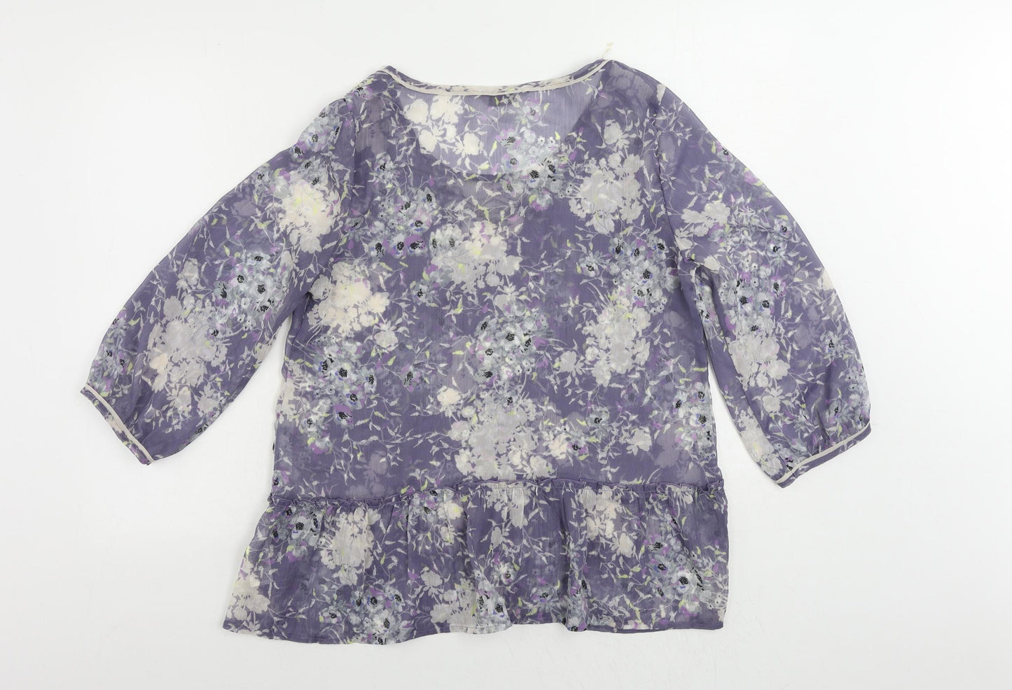 Indigo Womens Blue Floral Polyester Basic Blouse Size 14 Boat Neck - Sheer