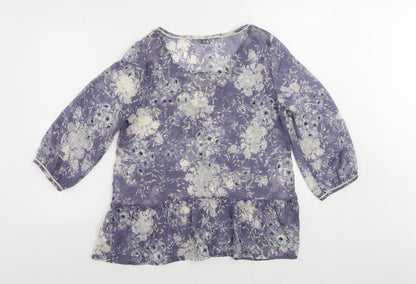 Indigo Womens Blue Floral Polyester Basic Blouse Size 14 Boat Neck - Sheer