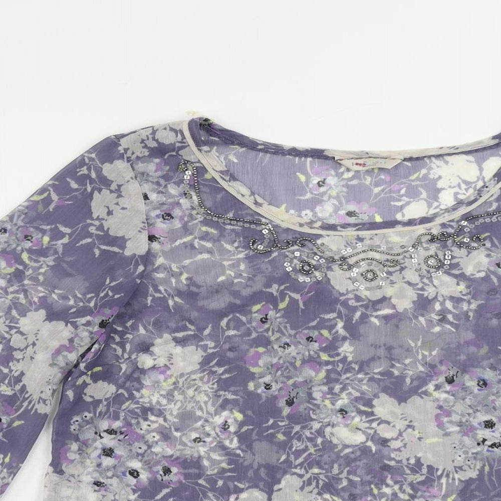 Indigo Womens Blue Floral Polyester Basic Blouse Size 14 Boat Neck - Sheer