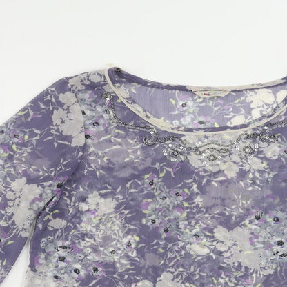 Indigo Womens Blue Floral Polyester Basic Blouse Size 14 Boat Neck - Sheer