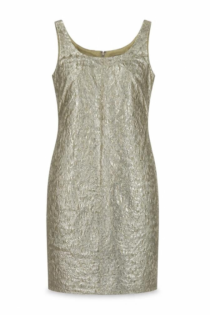 Front view of Kaleidoscope women’s gold acetate pencil dress, size UK 12, boat neck zip
