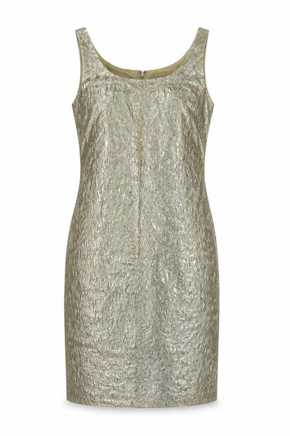 Front view of Kaleidoscope women’s gold acetate pencil dress, size UK 12, boat neck zip