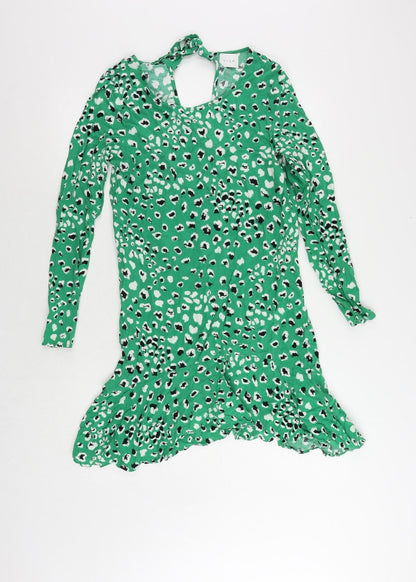 VILA Womens Green Animal Print Viscose Sheath Size 8 Boat Neck Tie - Ruffle