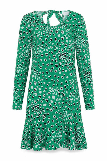 VILA Womens Green Animal Print Viscose Sheath Size 8 Boat Neck Tie - Ruffle