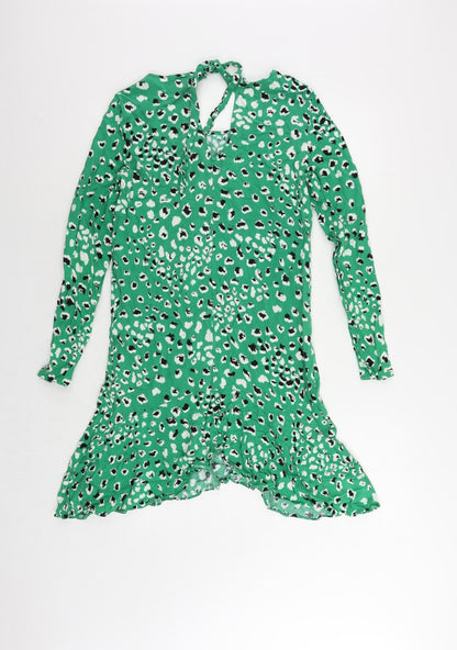 VILA Womens Green Animal Print Viscose Sheath Size 8 Boat Neck Tie - Ruffle