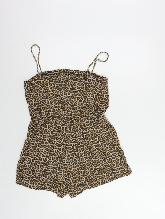 H&M Womens Brown Animal Print Viscose Playsuit One-Piece Size M Pullover