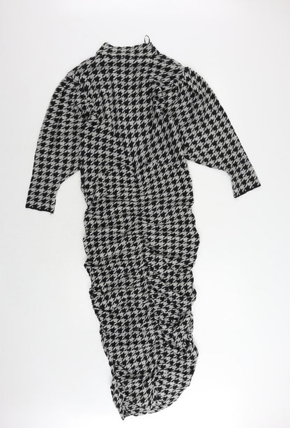 Zara Womens Black Geometric Viscose Sheath Size S Mock Neck Pullover - Ruched