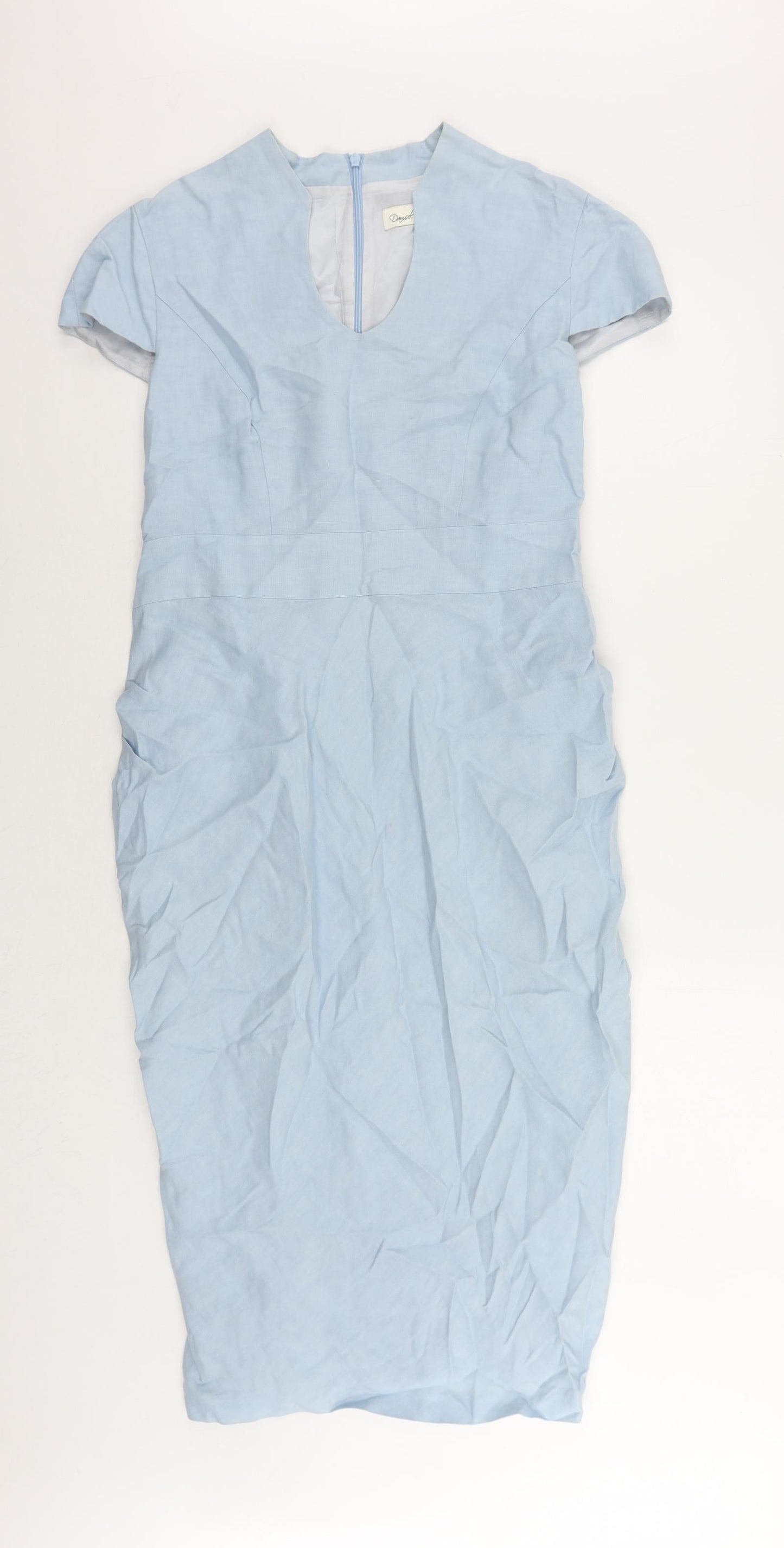 Damsel in a Dress Womens Blue Linen Pencil Dress Size 14 V-Neck Zip