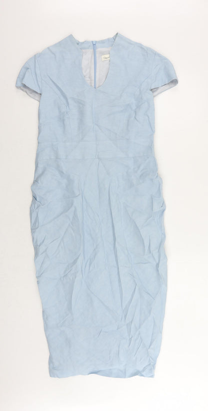 Damsel in a Dress Womens Blue Linen Pencil Dress Size 14 V-Neck Zip