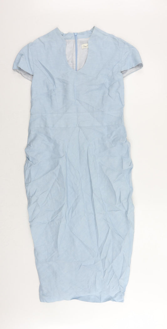Damsel in a Dress Womens Blue Linen Pencil Dress Size 14 V-Neck Zip