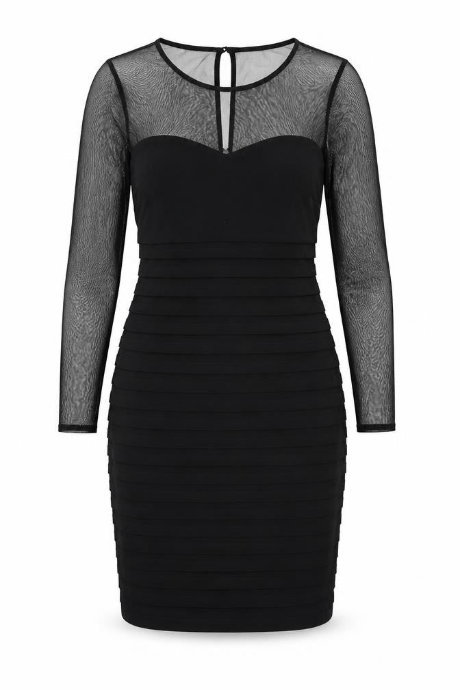 Front view of Wallis women’s black polyester pencil dress, size UK 10, round neck button - sheer sleeves