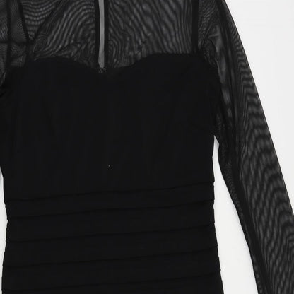 Wallis Womens Black Polyester Pencil Dress Size 10 Round Neck Button - Sheer Sleeves