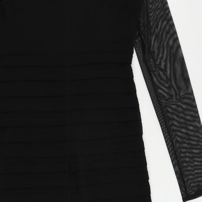 Wallis Womens Black Polyester Pencil Dress Size 10 Round Neck Button - Sheer Sleeves