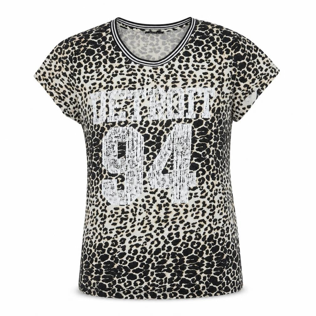 Front view of M&Co girls’ black animal print cotton pullover t-shirt, size 13, years crew neck pullover