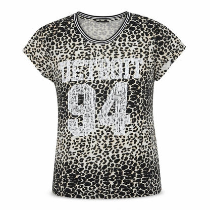 Front view of M&Co girls’ black animal print cotton pullover t-shirt, size 13, years crew neck pullover