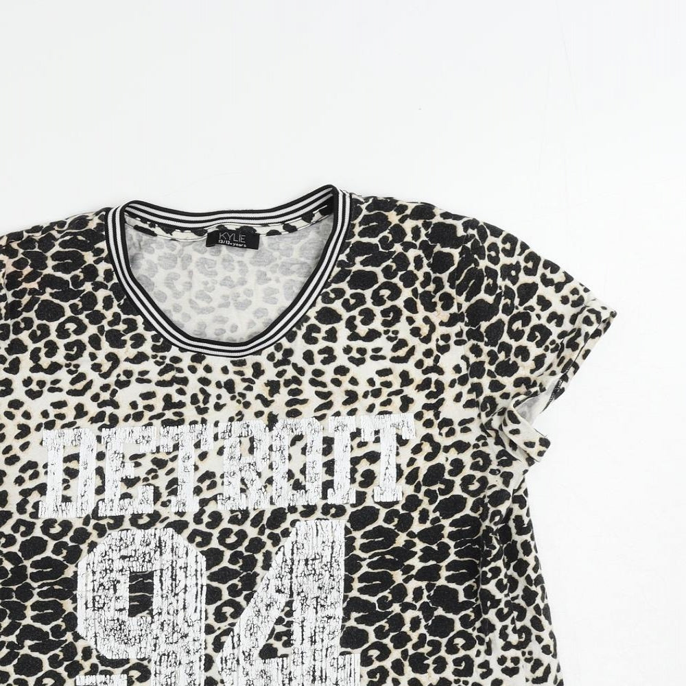 M&Co Girls Black Animal Print Cotton Pullover T-Shirt Size 13 Years Crew Neck Pullover