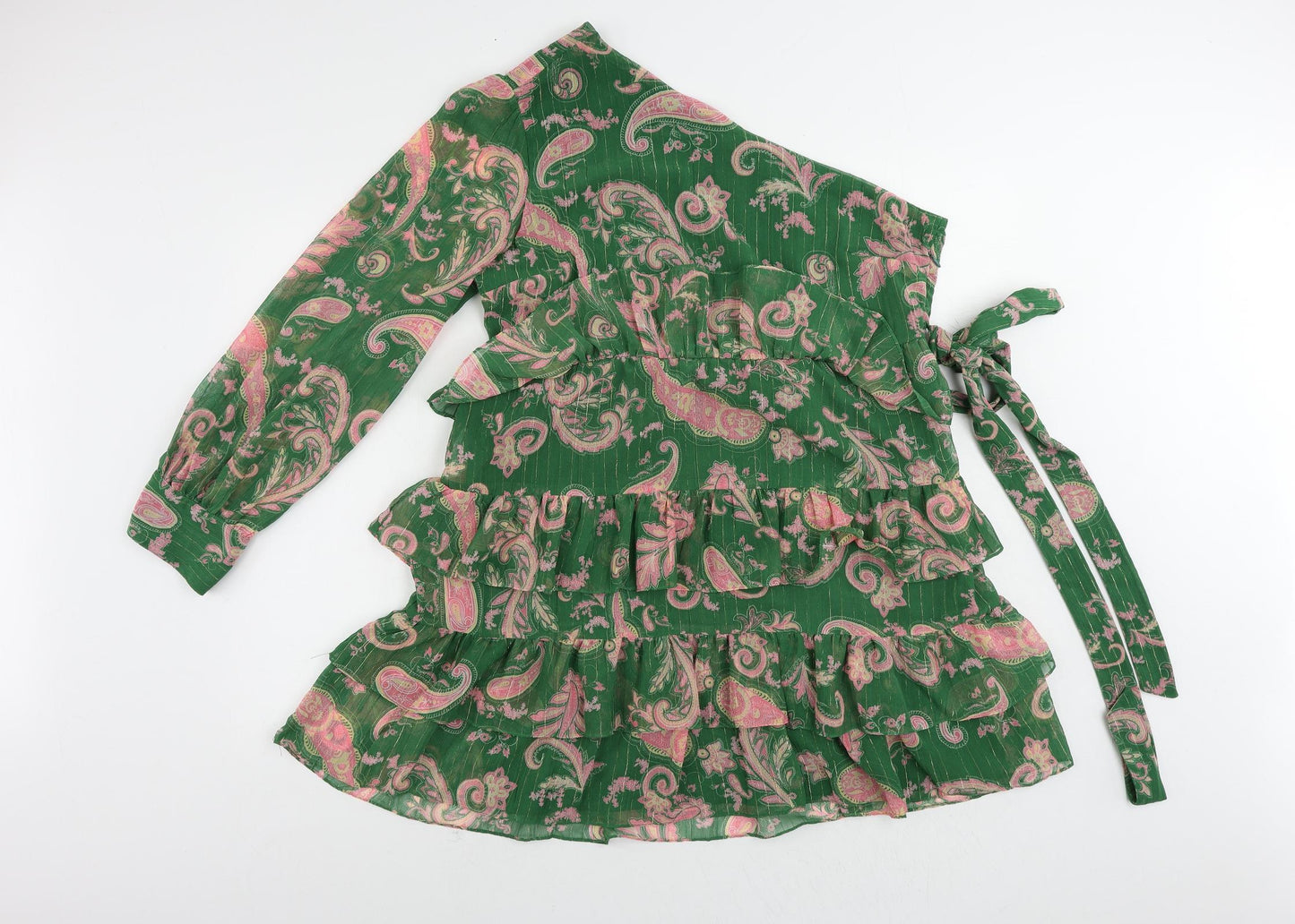 Twenty Dresses Womens Green Paisley Polyester Fit & Flare Size XL One Shoulder Zip - Ruffle