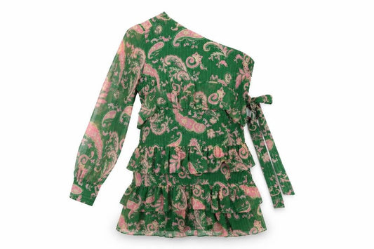 Twenty Dresses Womens Green Paisley Polyester Fit & Flare Size XL One Shoulder Zip - Ruffle