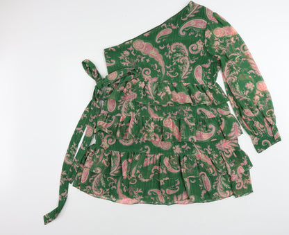 Twenty Dresses Womens Green Paisley Polyester Fit & Flare Size XL One Shoulder Zip - Ruffle