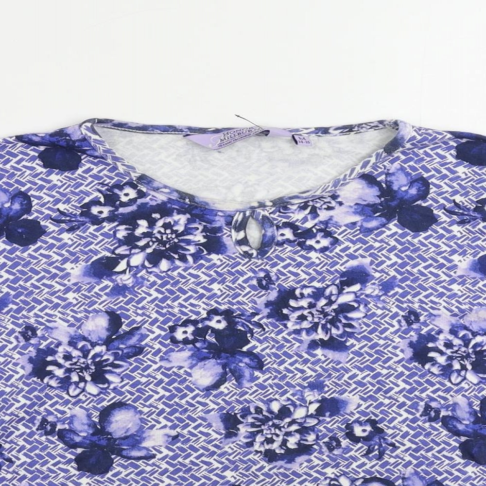 EWM Womens Blue Geometric Cotton Basic T-Shirt Size 14 Round Neck - Size 14-16