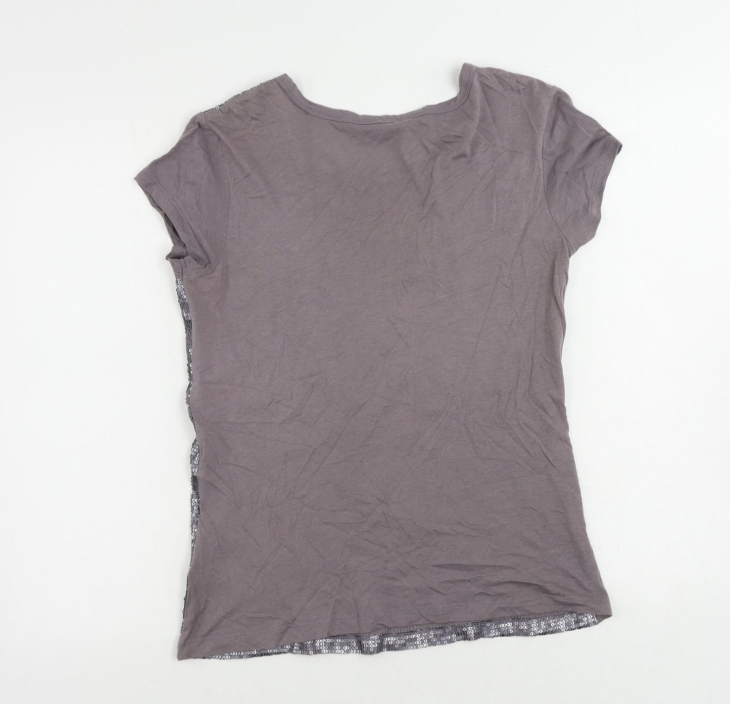 Great Plains Womens Grey Cotton Basic T-Shirt Size M Round Neck - Sequin