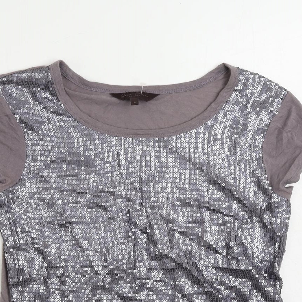 Great Plains Womens Grey Cotton Basic T-Shirt Size M Round Neck - Sequin