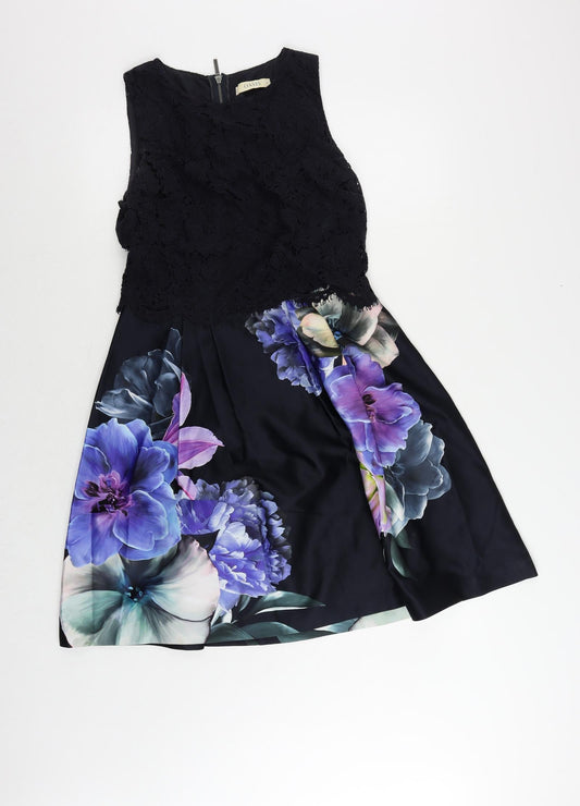 Oasis Womens Blue Floral Cotton Fit & Flare Size 10 Round Neck Zip