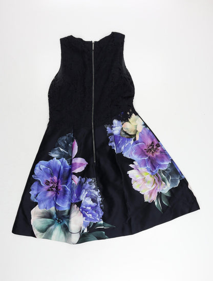 Oasis Womens Blue Floral Cotton Fit & Flare Size 10 Round Neck Zip