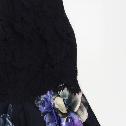 Oasis Womens Blue Floral Cotton Fit & Flare Size 10 Round Neck Zip