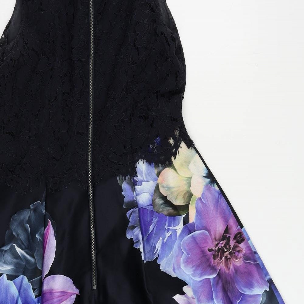 Oasis Womens Blue Floral Cotton Fit & Flare Size 10 Round Neck Zip