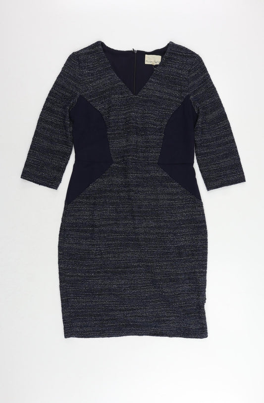 Phase Eight Womens Blue Cotton Pencil Dress Size 12 V-Neck Zip