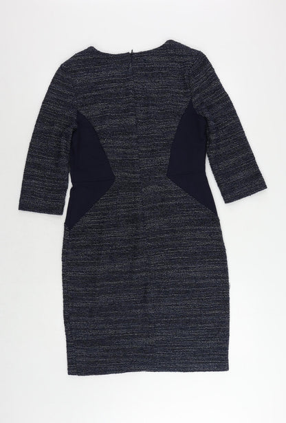 Phase Eight Womens Blue Cotton Pencil Dress Size 12 V-Neck Zip