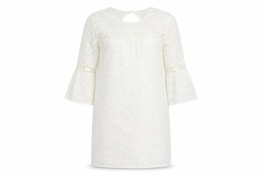 Front view of Miss Selfridge women’s white cotton shift, size UK 12, round neck button - broderie anglaise