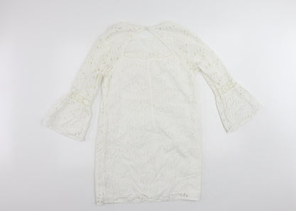 Miss Selfridge Womens White Cotton Shift Size 12 Round Neck Button - Broderie Anglaise