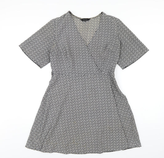 New Look Womens White Polka Dot Polyester A-Line Size 12 V-Neck Zip
